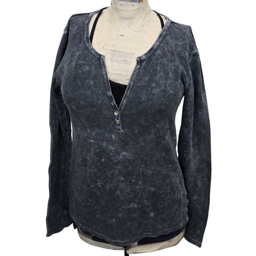 Vintage Otomix Waffle Knit Henley M Acid Wash Grey Grunge Thermal Made‎ in USA